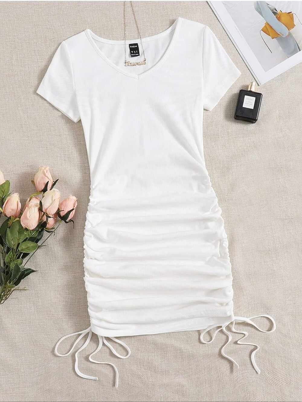 SHEIN White Short Sleeve Ruched Sides Adjustable Length Hem Midi Dress Large